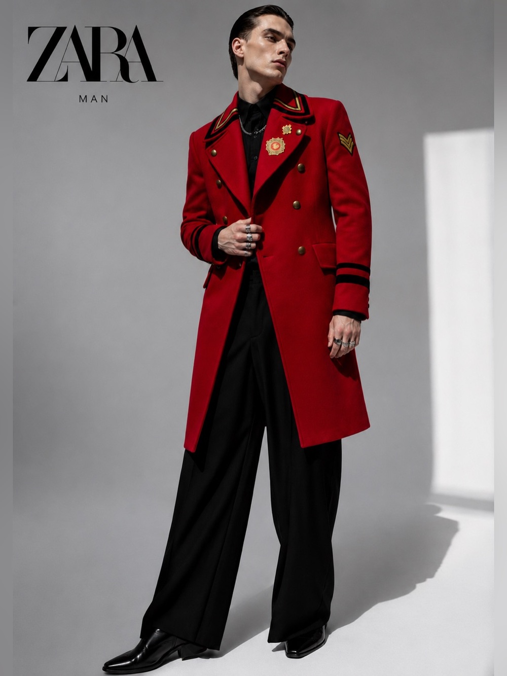 Zara Man Red Military Long Coat Double Breasted M Jacket Steampunk royalcore
